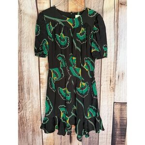 ba&sh Dress Leo Print Mini Green Black Boho Short Puff Sleeve Feminine Size 10